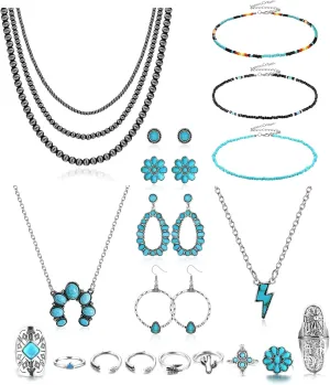 Fansilver Turquoise Jewelry for Women Bohemian Western Jewelry Set Navajo Pearl Necklace Beaded Choker Necklace Turquoise Earrings Bracelet Vintage Knuckle Rings Boho Western Jewelry for Women
