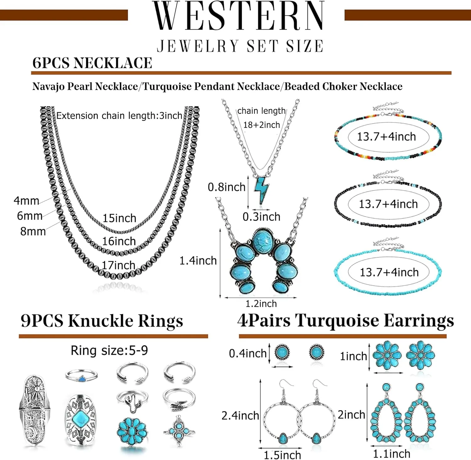 Fansilver Turquoise Jewelry for Women Bohemian Western Jewelry Set Navajo Pearl Necklace Beaded Choker Necklace Turquoise Earrings Bracelet Vintage Knuckle Rings Boho Western Jewelry for Women