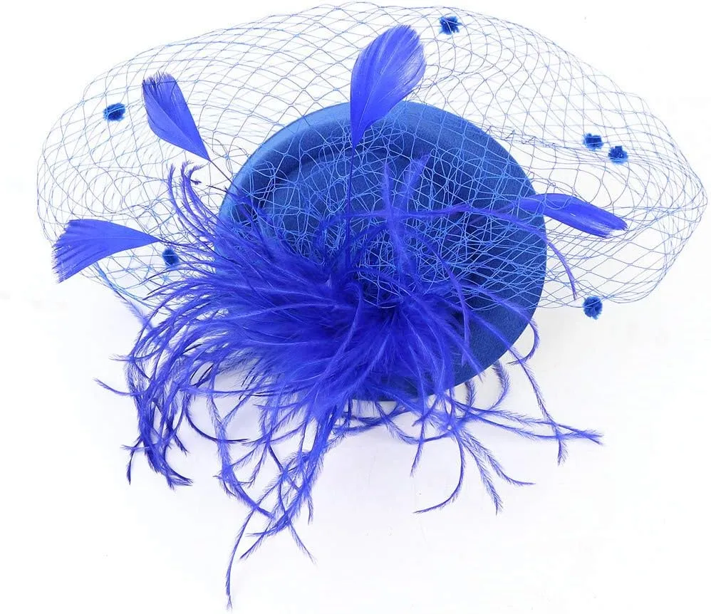 Fascinator for Women Tea Party Derby Hat Vintage Mesh Feathers Flower Wedding Hair Clip Pillbox Headpieces