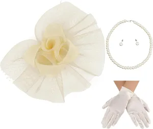 Fascinator Hats for Women Tea Party Hats and Gloves Pearl Jewelry Set Derby Hat for Cocktail Wedding