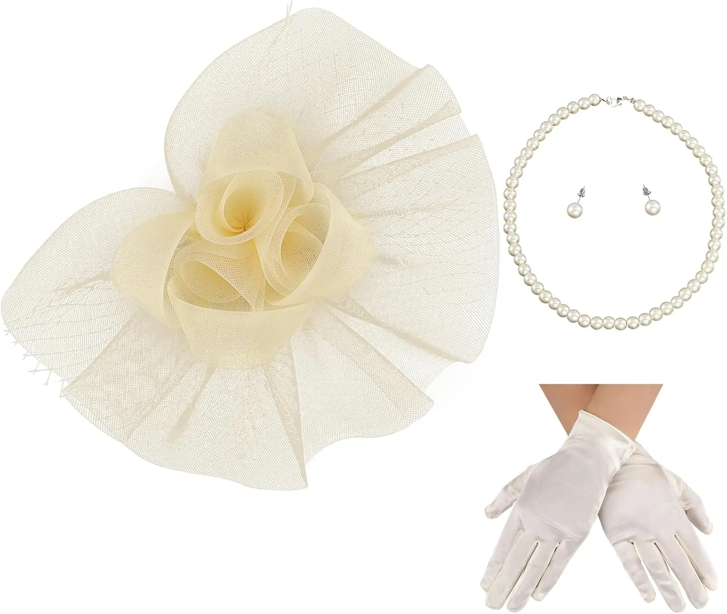 Fascinator Hats for Women Tea Party Hats and Gloves Pearl Jewelry Set Derby Hat for Cocktail Wedding