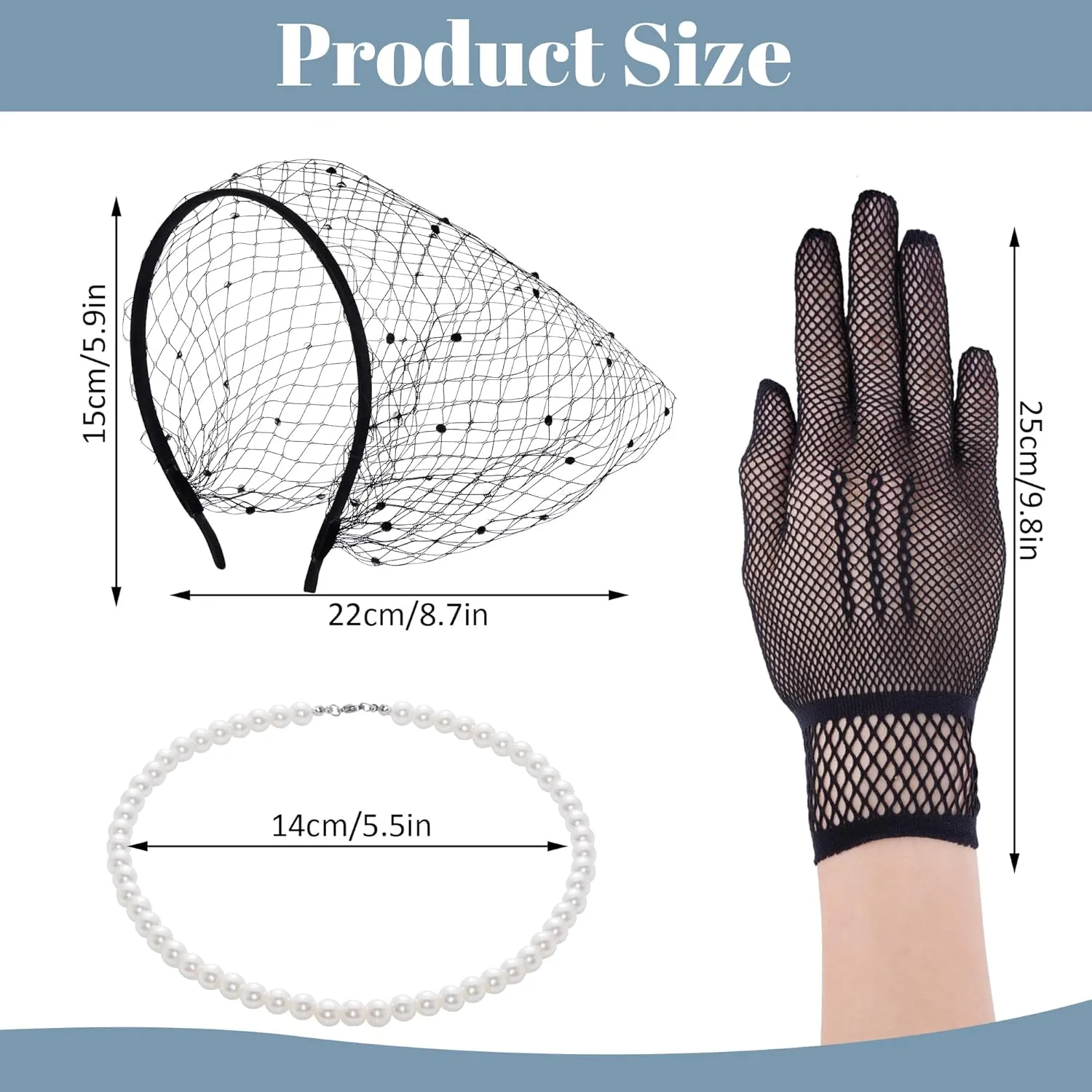 Fascinator Mesh Veil Headband 1920s Headpiece with Pearl Necklace Lace Glove for Women Tea Party Bridal Wedding