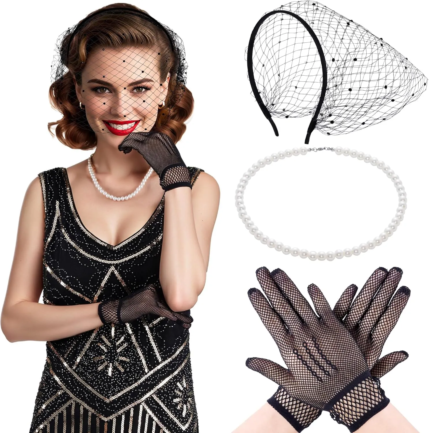 Fascinator Mesh Veil Headband 1920s Headpiece with Pearl Necklace Lace Glove for Women Tea Party Bridal Wedding
