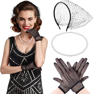 Fascinator Mesh Veil Headband 1920s Headpiece with Pearl Necklace Lace Glove for Women Tea Party Bridal Wedding
