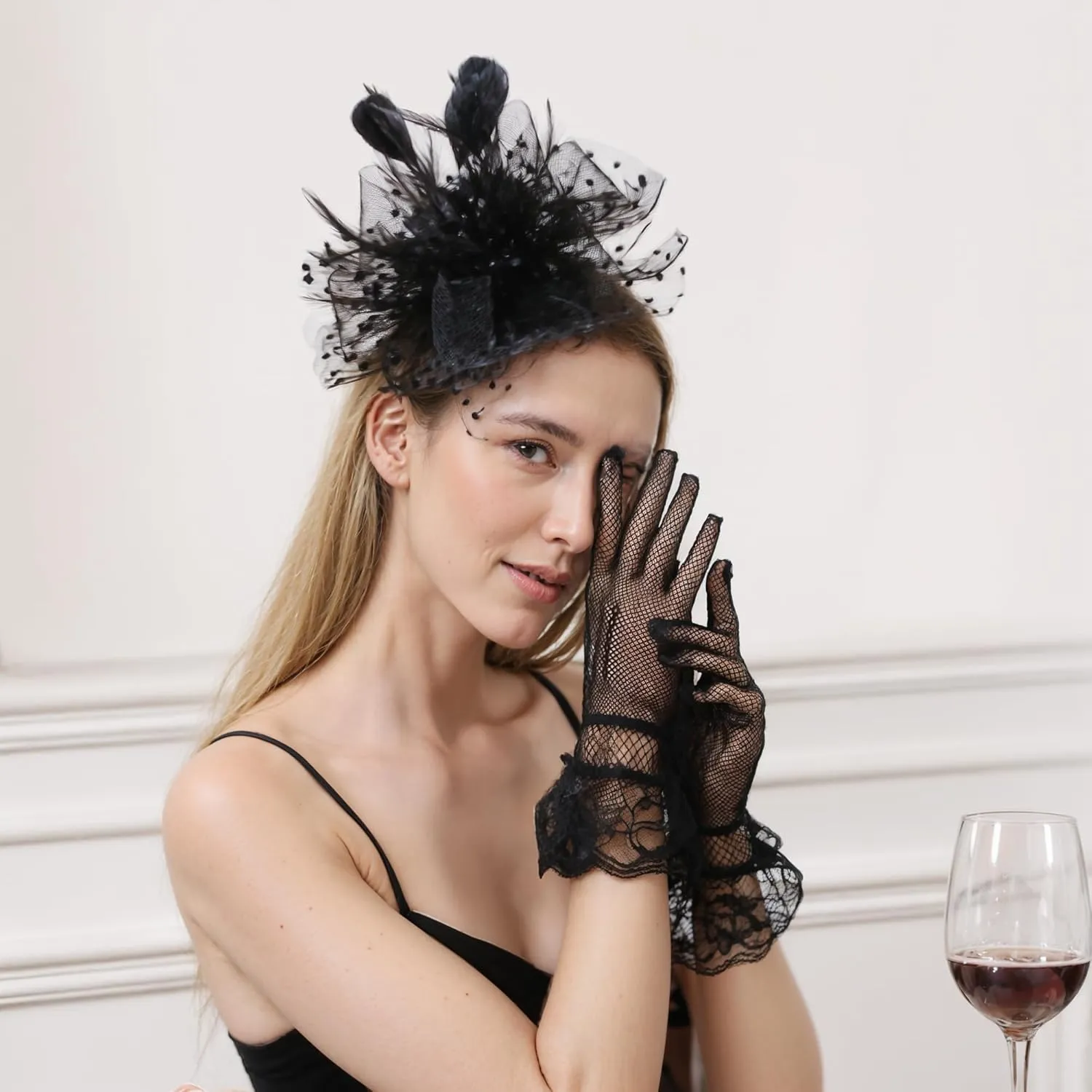 Fascinators Hats for Women Tea Party with Lace Gloves Vintage Kentucky Derby Wedding Dress Set