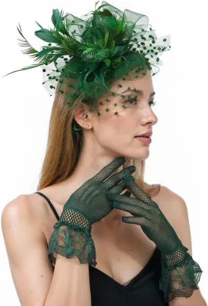 Fascinators Hats for Women Tea Party with Lace Gloves Vintage Kentucky Derby Wedding Dress Set