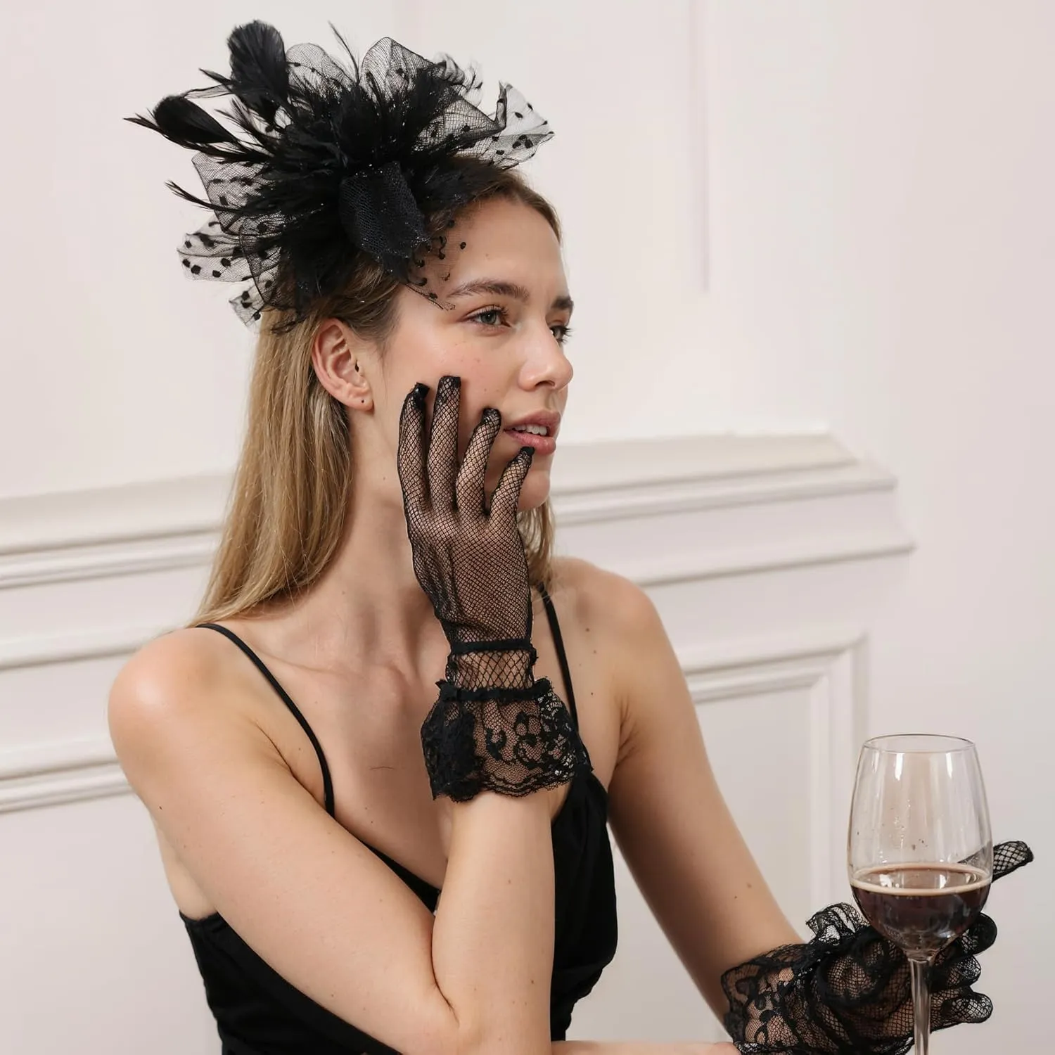 Fascinators Hats for Women Tea Party with Lace Gloves Vintage Kentucky Derby Wedding Dress Set