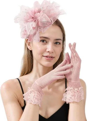 Fascinators Hats for Women Tea Party with Lace Gloves Vintage Kentucky Derby Wedding Dress Set