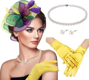 Fascinators Hats with Gloves Set for Women 20s 50s Cocktail Tea Party Wedding Costume Headwear