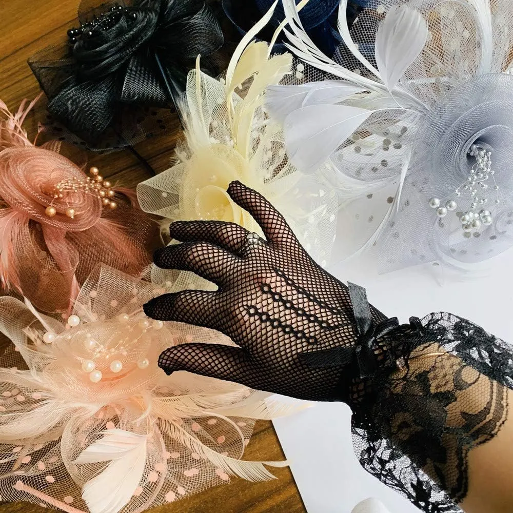 Fascinators Headband Cocktail Feathers Hair Clip,with1 Pair Black Lace Gloves
