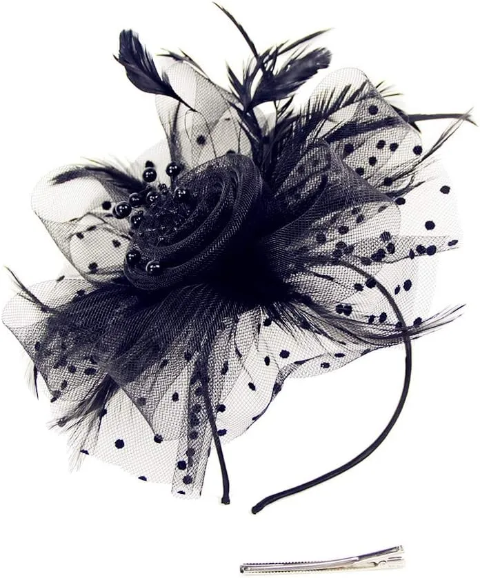Fascinators Headband Cocktail Feathers Hair Clip,with1 Pair Black Lace Gloves