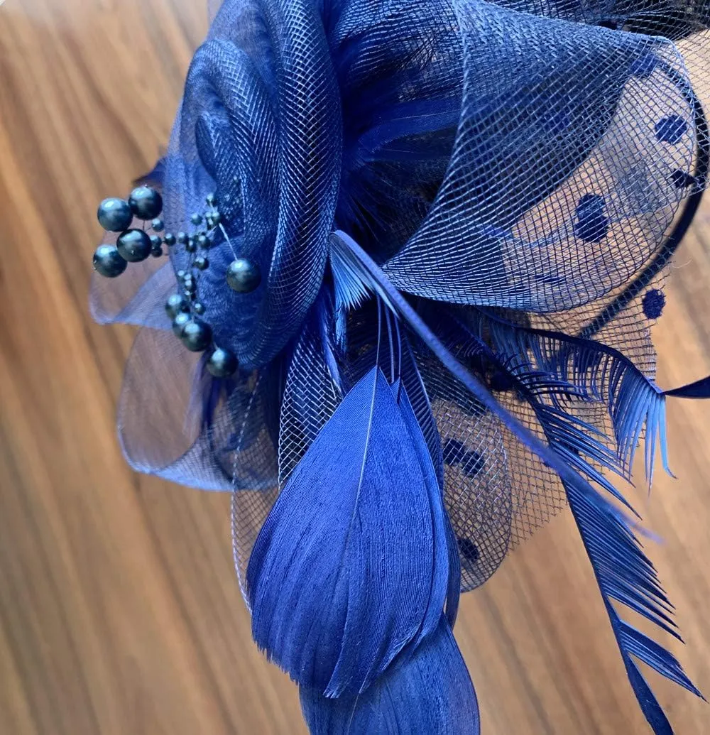 Fascinators Headband Cocktail Feathers Hair Clip,with1 Pair Black Lace Gloves