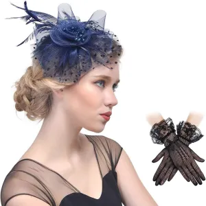 Fascinators Headband Cocktail Feathers Hair Clip,with1 Pair Black Lace Gloves
