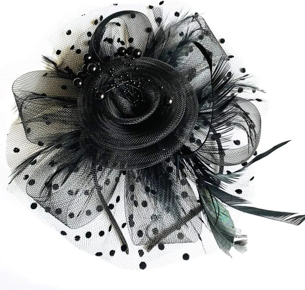 Fascinators Headband Cocktail Feathers Hair Clip,with1 Pair Black Lace Gloves