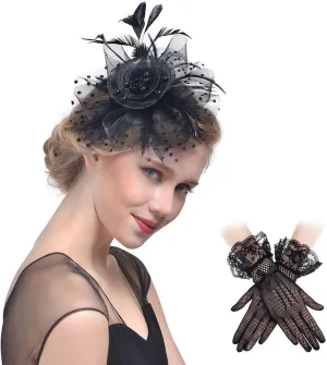 Fascinators Headband Cocktail Feathers Hair Clip,with1 Pair Black Lace Gloves