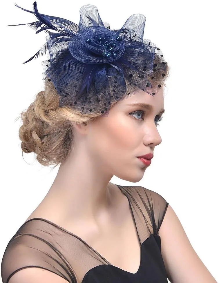 Fascinators Headband Cocktail Feathers Hair Clip,with1 Pair Black Lace Gloves