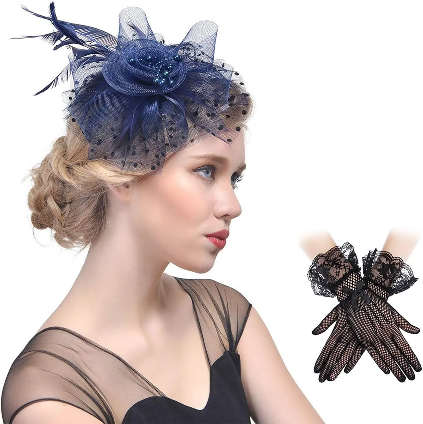 Fascinators Headband Cocktail Feathers Hair Clip,with1 Pair Black Lace Gloves