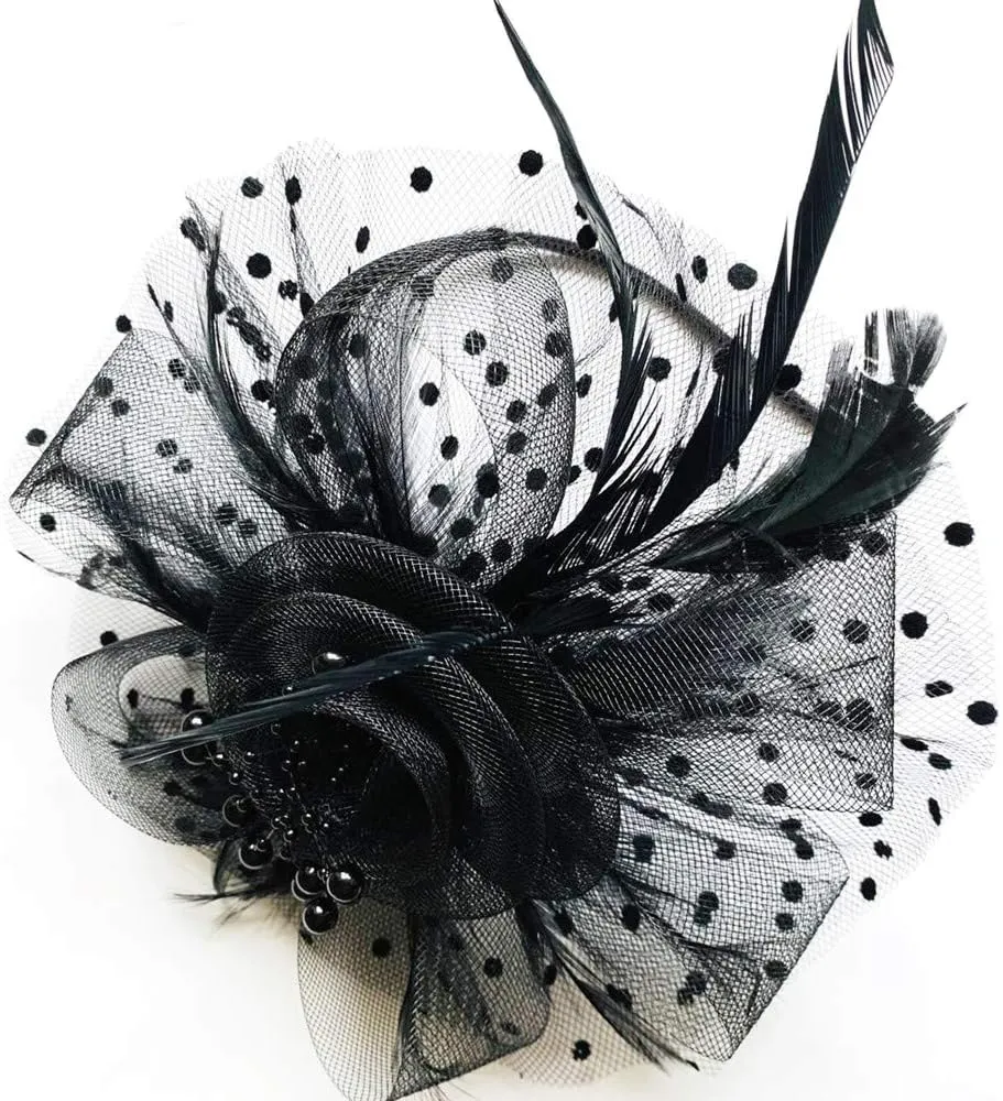 Fascinators Headband Cocktail Feathers Hair Clip,with1 Pair Black Lace Gloves