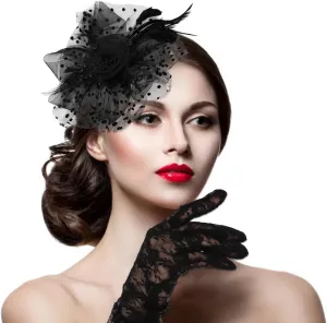 Fascinators Tea Party Hats Black Flower Mesh Beaded Feathers with Headband with Hair Clips Women's Fascinator Vintage Hats 1920s Accessories for Women and Short Black Floral Lace Gloves