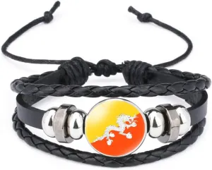 Fashion Bhutan Flag Bracelet - Asian Countries Multi-Layer Braided Leather Adjustable Bangle, Fashion Wristban