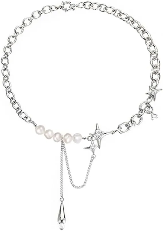 Fashion irregular patchwork chain Women's necklace Temperament Geometric pendant necklace Fashion patchwork freshwater cultured pearl clavicle chain