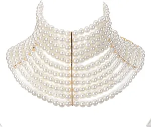 Fashion Jewelry Chunky Statement Necklace, Simulated Pearls Bib Necklace Costume