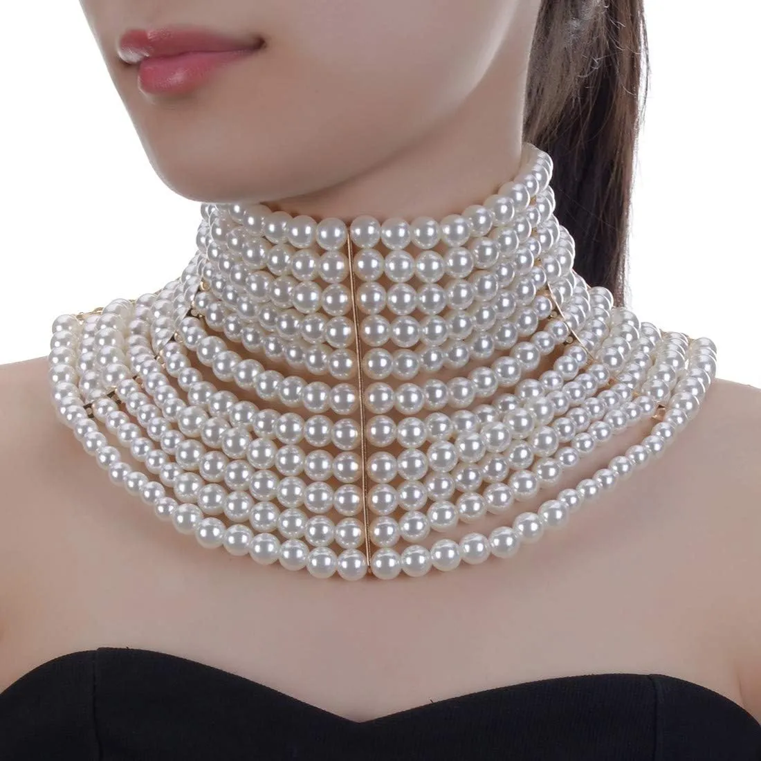 Fashion Jewelry Chunky Statement Necklace, Simulated Pearls Bib Necklace Costume