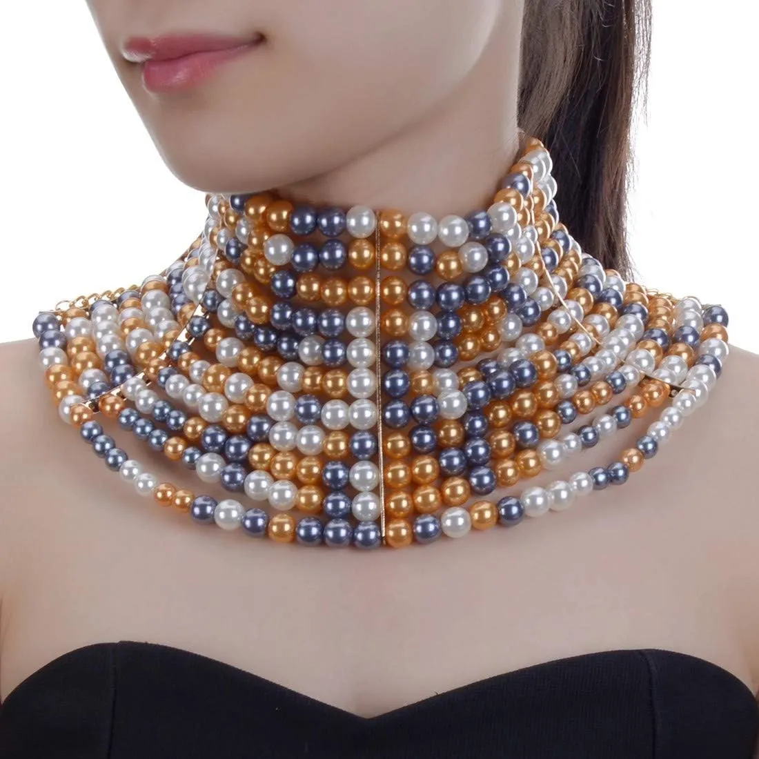 Fashion Jewelry Chunky Statement Necklace, Simulated Pearls Bib Necklace Costume