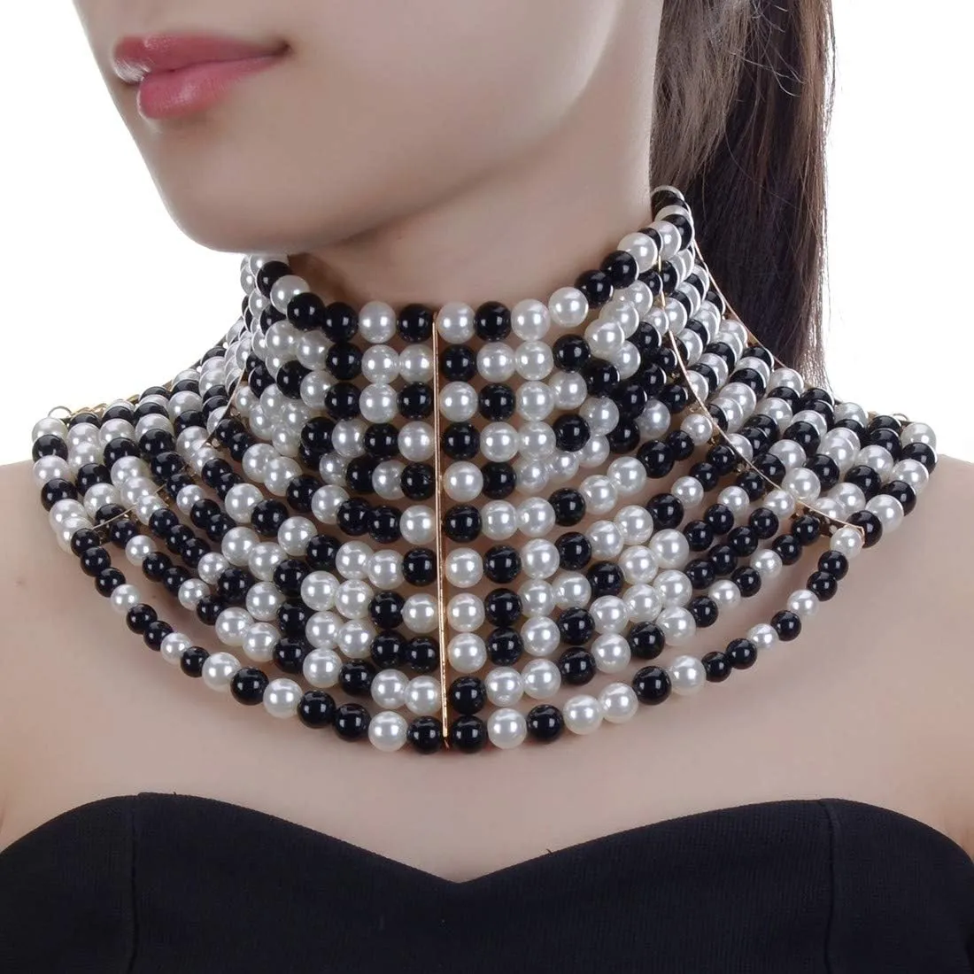 Fashion Jewelry Chunky Statement Necklace, Simulated Pearls Bib Necklace Costume