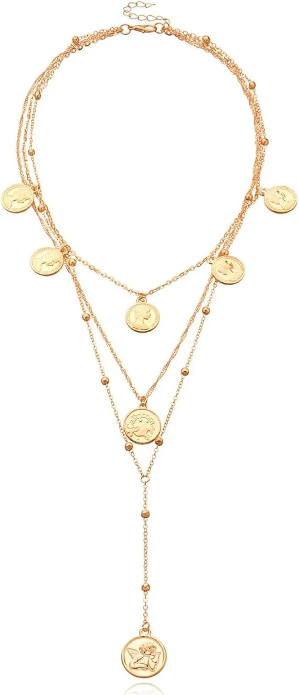 Fashion Jewelry Multi-Layer Alloy Round Bead Long Necklace Fashion Retro Personalized Necklace(Gold)