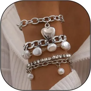 Fashion Layered Gold Pearls Bracelets Set for Women Chunky Cuban Link Chain Bangles Boho Adjustable Rhinestone Heart Bracelets Jewelry Gift