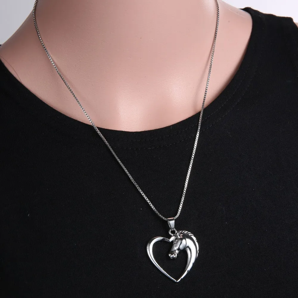 Fashion New jewelry plated white K Horse in Heart Necklace Pendant Necklace for women girl mom gifts