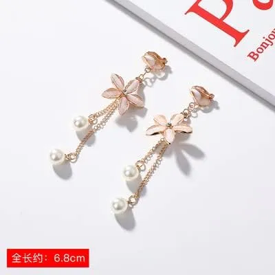Fashion Women Korean Geometric Pearl Geometric Long Clip on Earrings for Women Fashion Party No Pierced Earrings