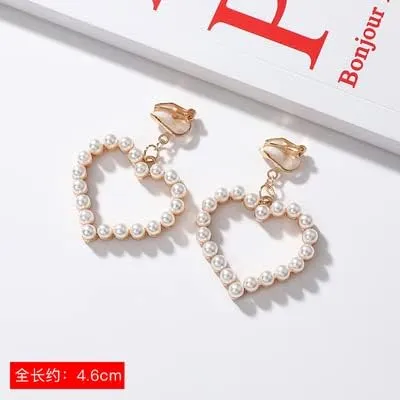 Fashion Women Korean Geometric Pearl Geometric Long Clip on Earrings for Women Fashion Party No Pierced Earrings