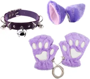 Faux Fur Cat Bear Ears Hair Clip Plush Paw Claw Glove Bell Leather Collar Choker Cosplay Set