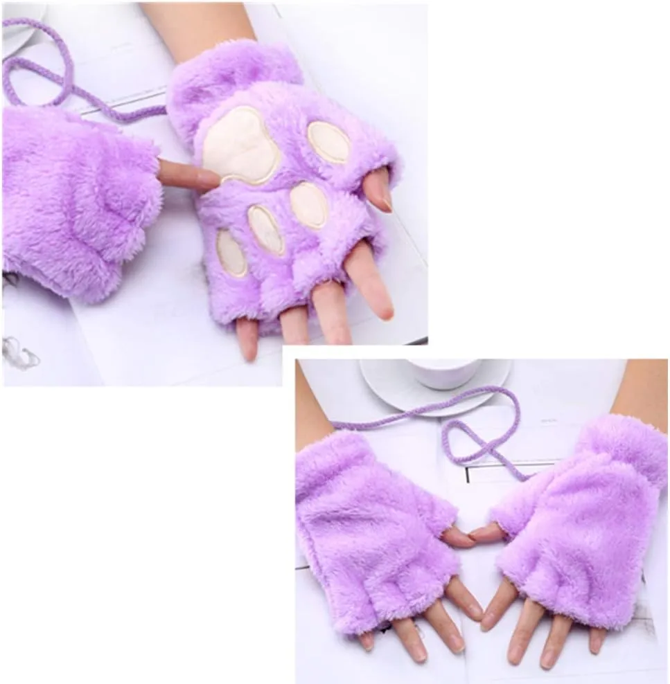 Faux Fur Cat Bear Ears Hair Clip Plush Paw Claw Glove Bell Leather Collar Choker Cosplay Set