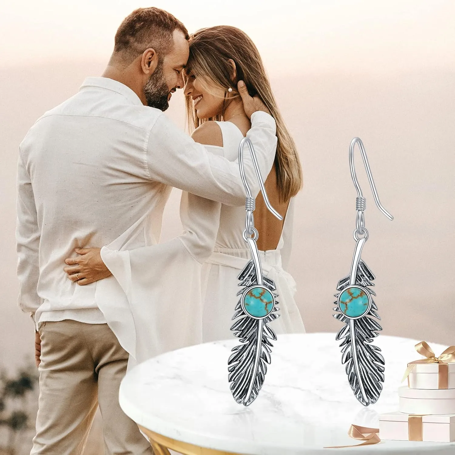 Feather Earrings Genuine Turquoise/Lapis Lazuli/Red Agate/Malachite Dangle Hook Earrings Sterling Silver Native American Jewelry for Women Valentine Gift