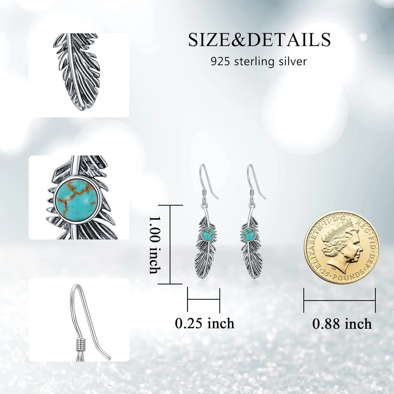 Feather Earrings Genuine Turquoise/Lapis Lazuli/Red Agate/Malachite Dangle Hook Earrings Sterling Silver Native American Jewelry for Women Valentine Gift