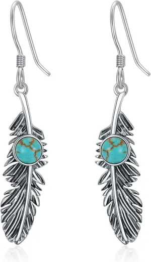 Feather Earrings Genuine Turquoise/Lapis Lazuli/Red Agate/Malachite Dangle Hook Earrings Sterling Silver Native American Jewelry for Women Valentine Gift