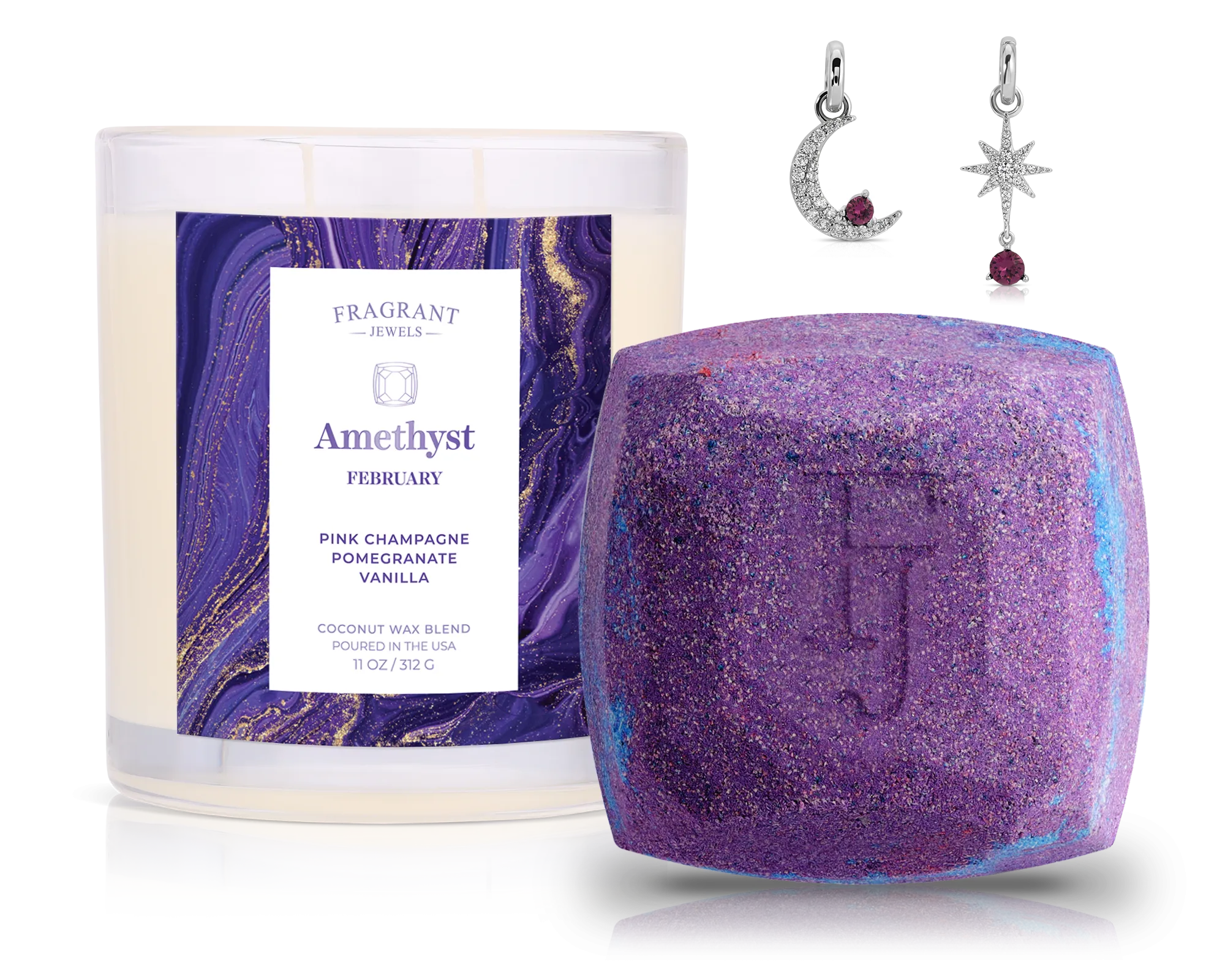 February Amethyst Birthstone Charm - Candle and Bath Bomb Set