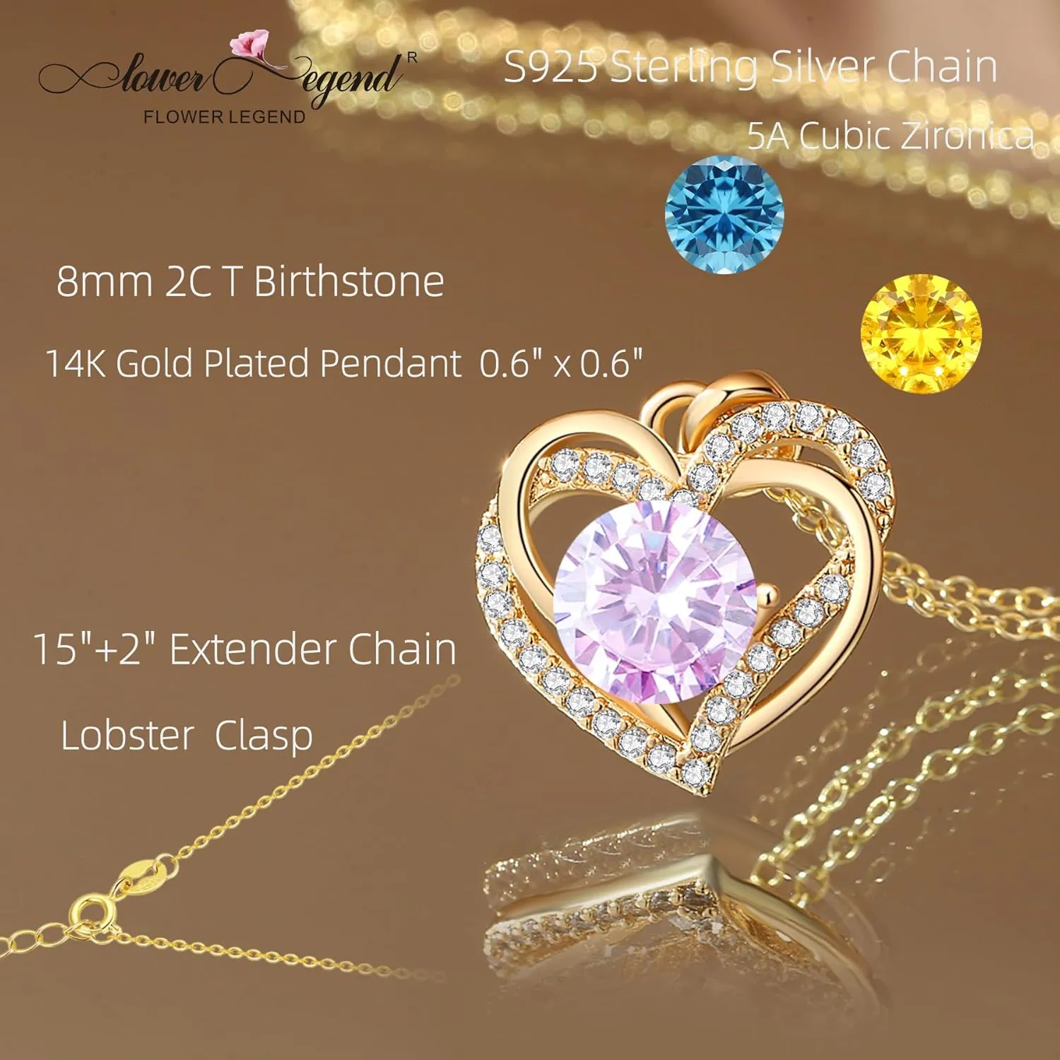 Find Your Unique Birthstone Jewelry,Moissanite Birthstone Necklace,Sterling Gold Plated Silver Necklace with Heart Pendant, Wedding Anniversary, Birthday,Valentine's Gifts for Her