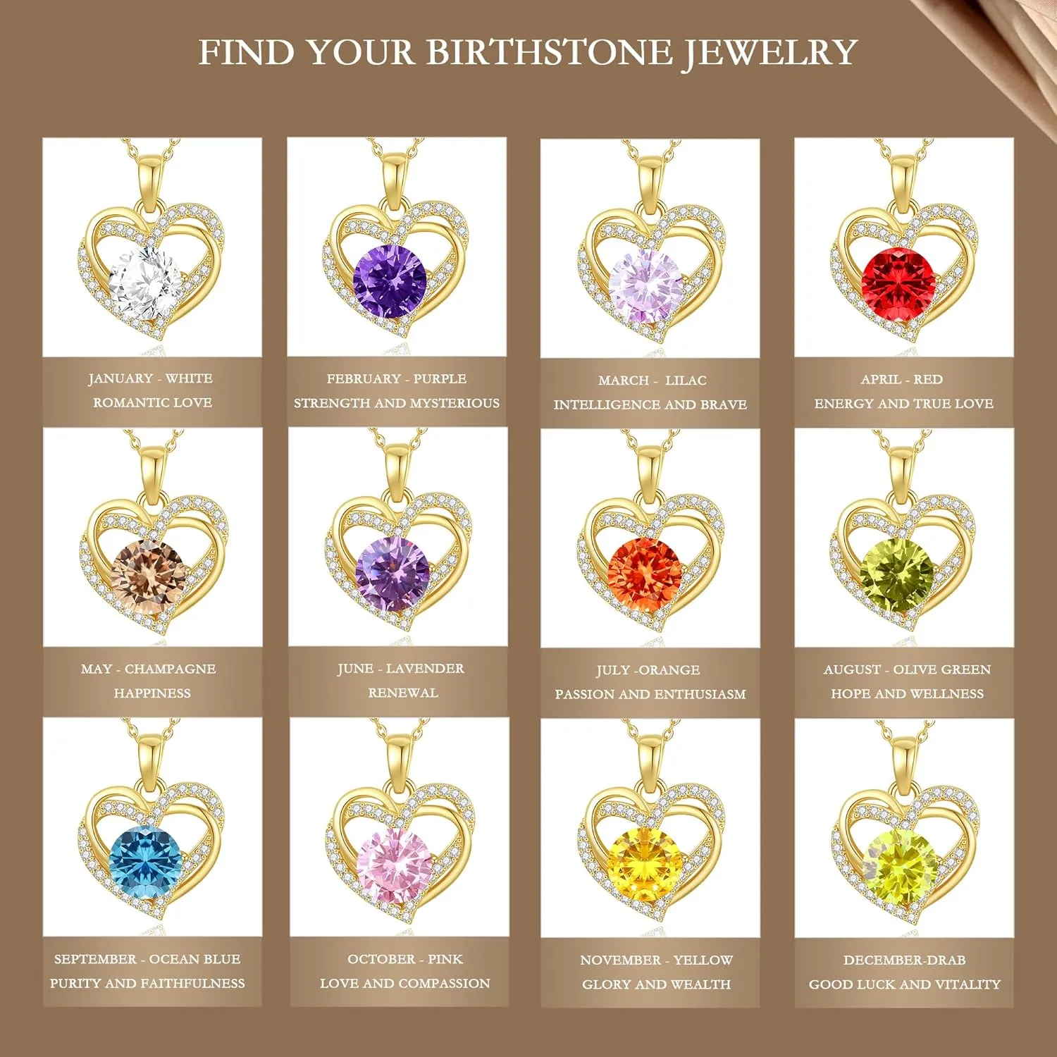 Find Your Unique Birthstone Jewelry,Moissanite Birthstone Necklace,Sterling Gold Plated Silver Necklace with Heart Pendant, Wedding Anniversary, Birthday,Valentine's Gifts for Her