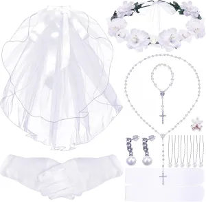 First Communion Dress for Girls Veil Wreath Necklace Bracelet Gloves Socks Earrings - 1st Holy Communion Catholic Accessories Set Wedding Party
