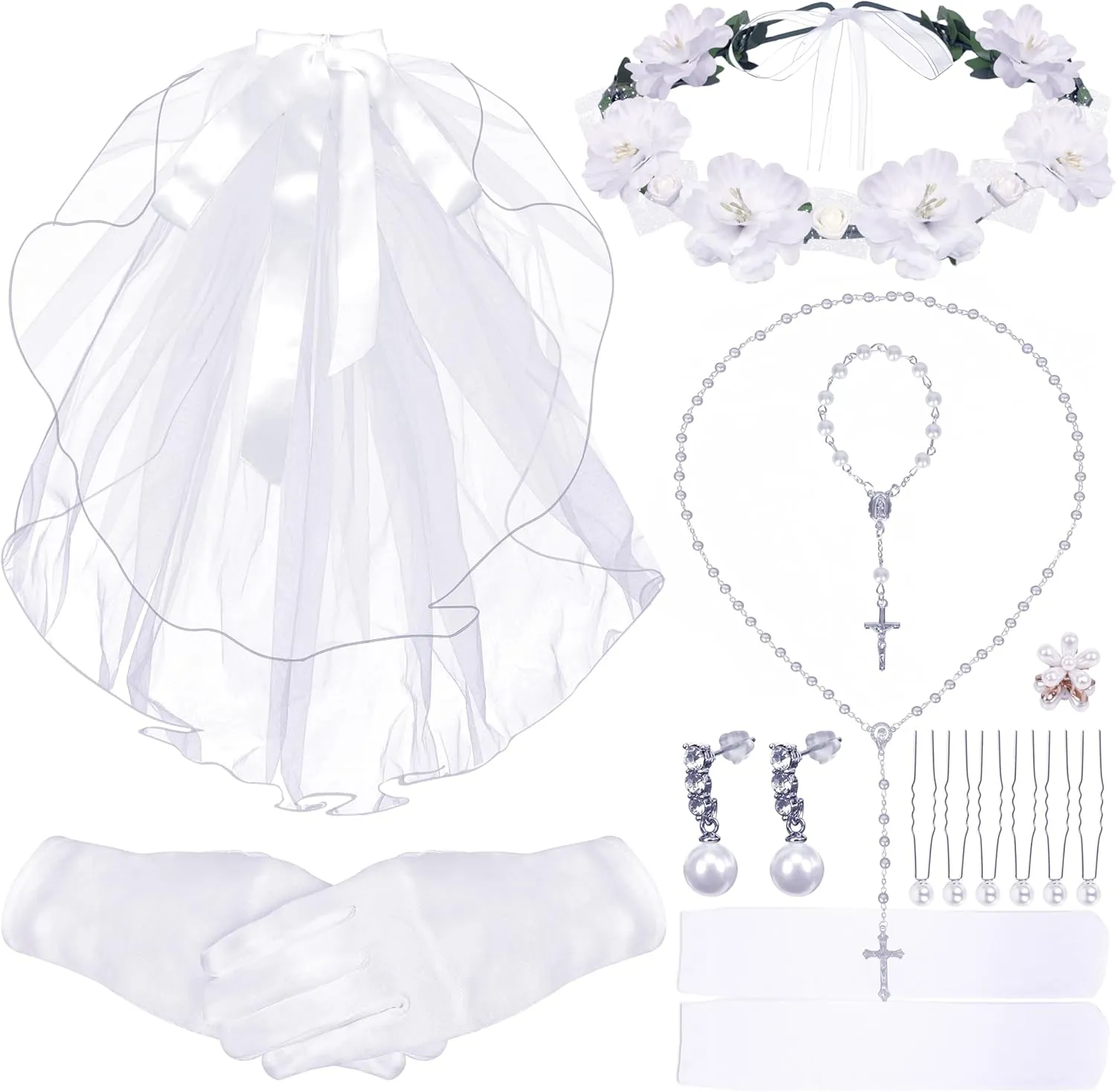 First Communion Dress for Girls Veil Wreath Necklace Bracelet Gloves Socks Earrings - 1st Holy Communion Catholic Accessories Set Wedding Party