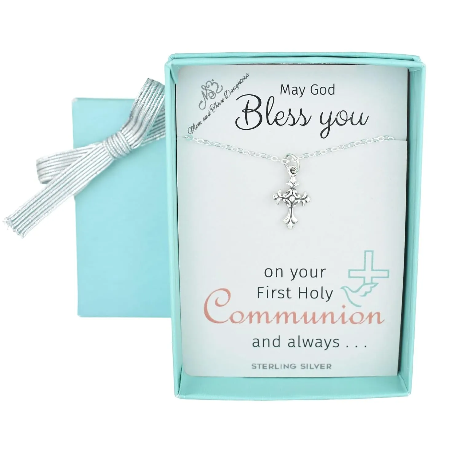 First Holy Communion Necklace on a 14 Inch Sterling Silver Cable Chain. Little Girl's Cross Necklace