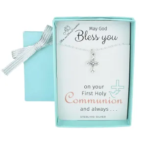 First Holy Communion Necklace on a 14 Inch Sterling Silver Cable Chain. Little Girl's Cross Necklace