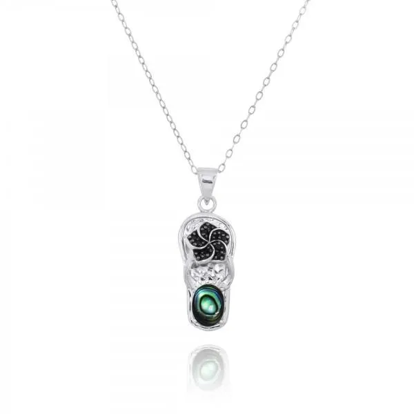 Flip Flop Pendant Necklace with Abalone and Black Spinel Hibiscus Flower