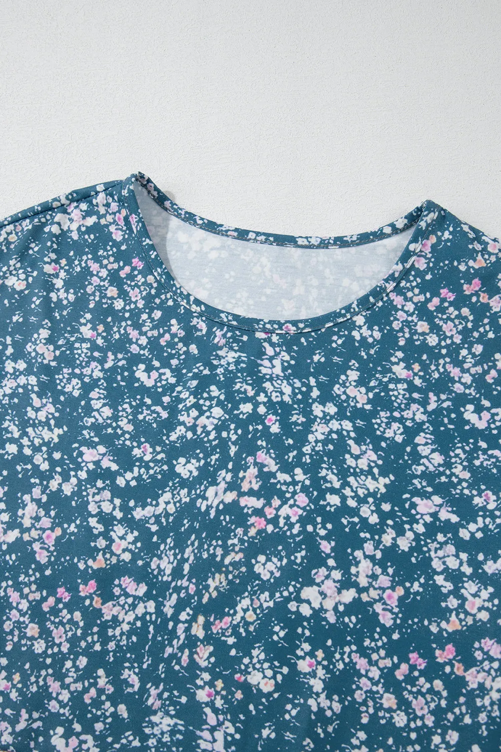 Floral Color Block Patchwork Ruffled Hem Round Neck Blouse