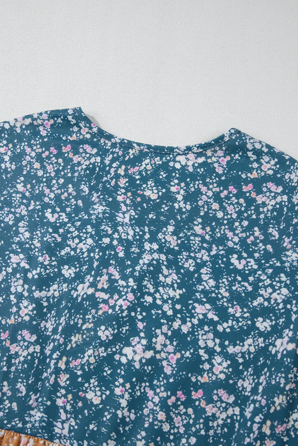Floral Color Block Patchwork Ruffled Hem Round Neck Blouse