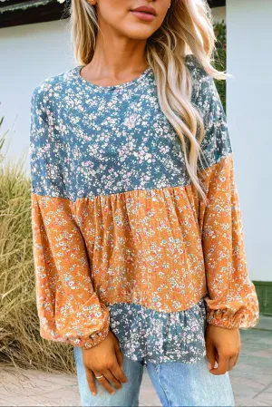 Floral Color Block Patchwork Ruffled Hem Round Neck Blouse